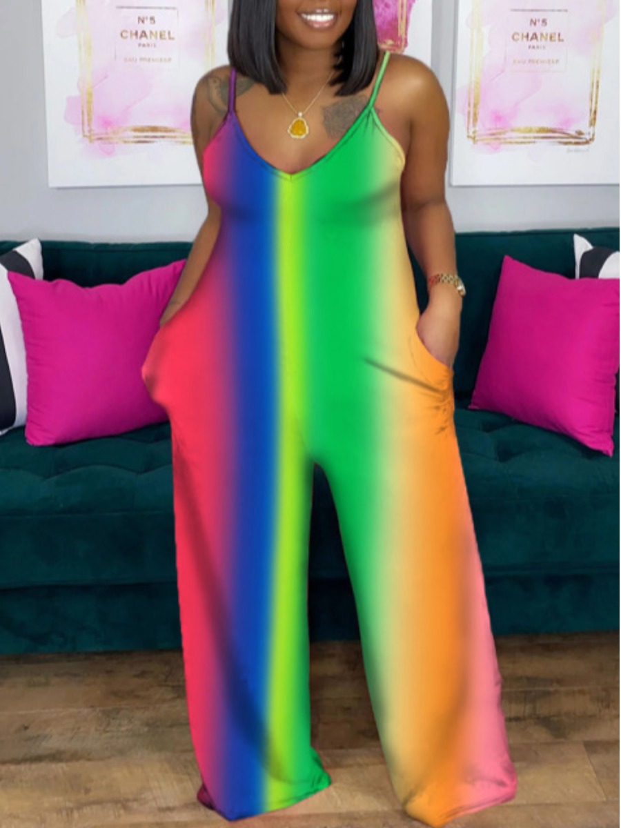

Lovely Plus Size Street V Neck Gradient Multicolor One-piece Jumpsuit, Multi