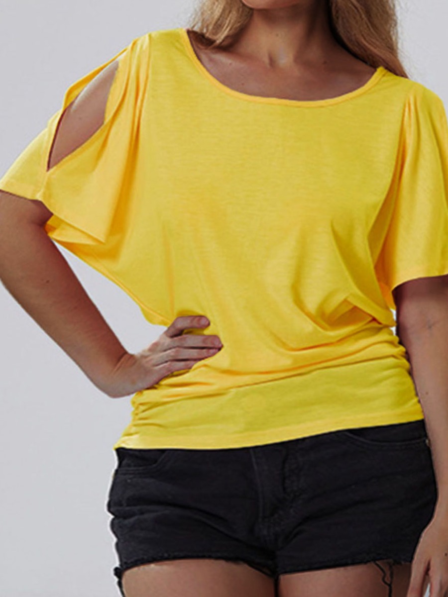 

Lovely Plus Size Casual Batwing Sleeve Hollow-out Yellow T-shirt