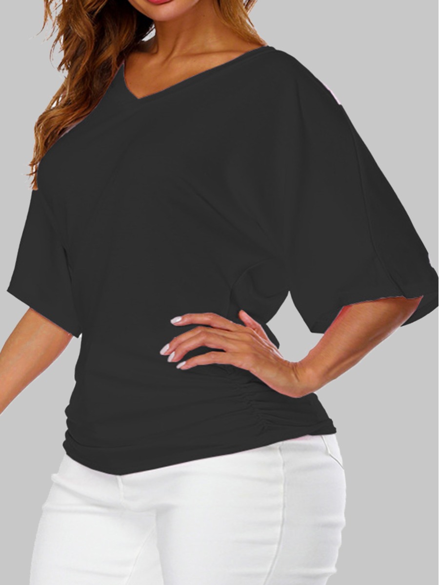 

Lovely Plus Size Casual V Neck Batwing Sleeve Black T-shirt
