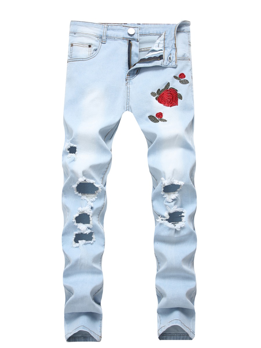 

LW Men Street Floral Decoration Ripped Baby Blue Jeans