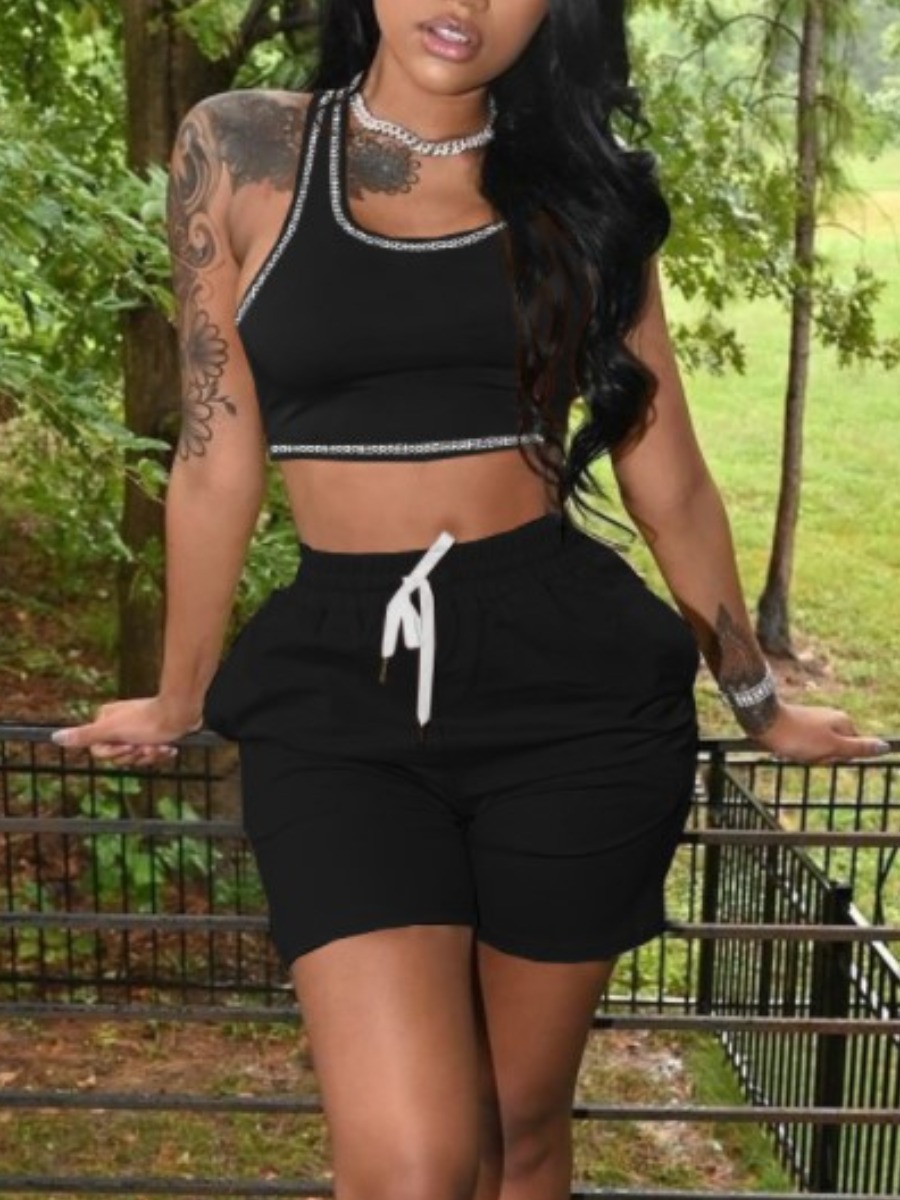 LovelyWholesale Sporty U Neck Drawstring Black Two Piece Shorts Set Summer Sleeveless Casual Pocket Design U Neck Spring Summer 2024