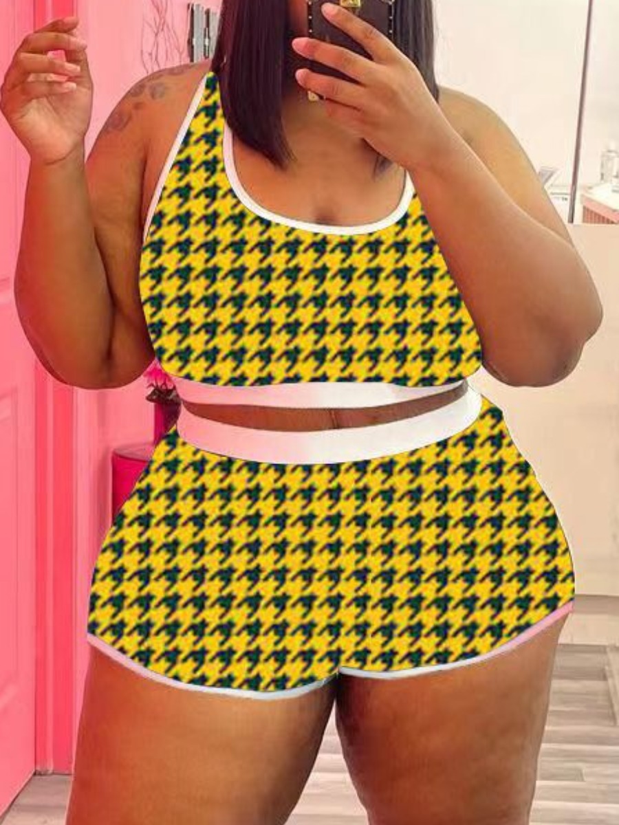 

LW Plus Size Sporty U Neck Plaid Print Yellow Two-piece Shorts Set