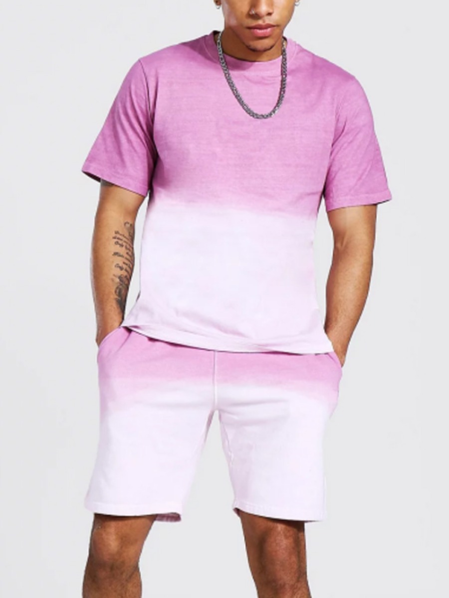 

Lovely Men Casual Color-lump Drawstring Light Pink Two Piece Shorts Set