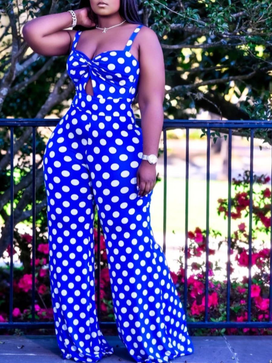 

Lovely Plus Size Casual Dot Print Hollow-out Blue Onje-piece Jumpsuit