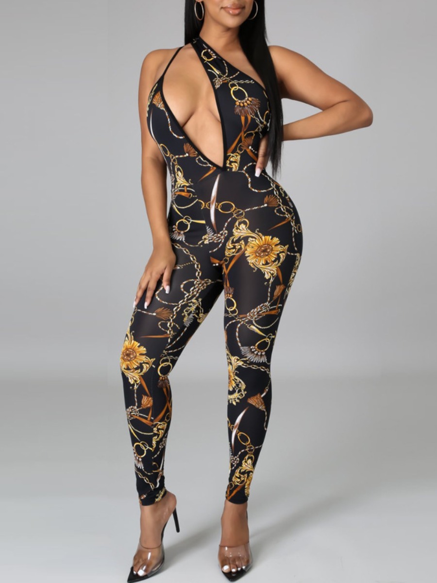 

Lovely Sexy One Shoulder Floral Chain Print Black One-piece Jumpsuit