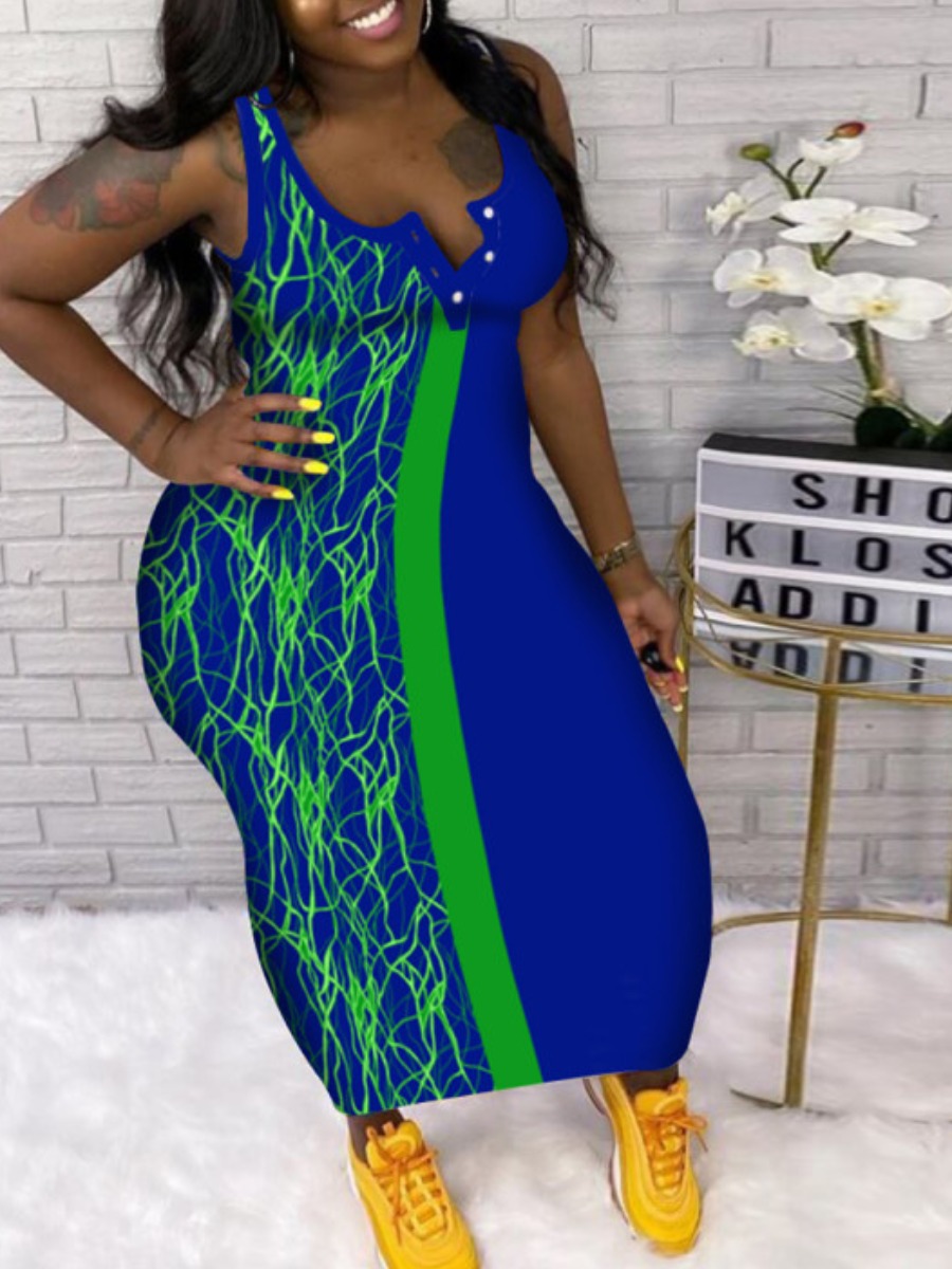 

Lovely Plus Size Casual Print Patchwork Deep Blue Ankle Length Dress