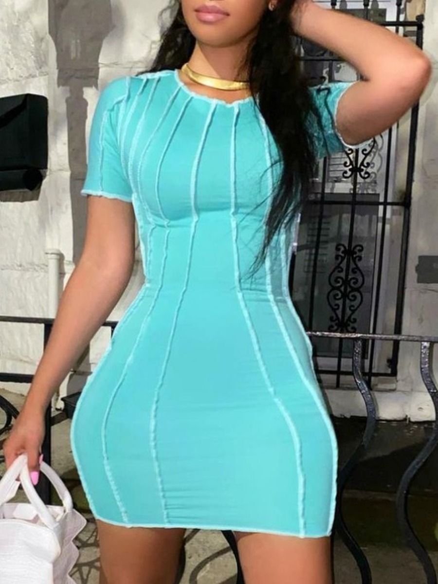 

Lovely Casual O Neck Striped Skyblue Mini Dress