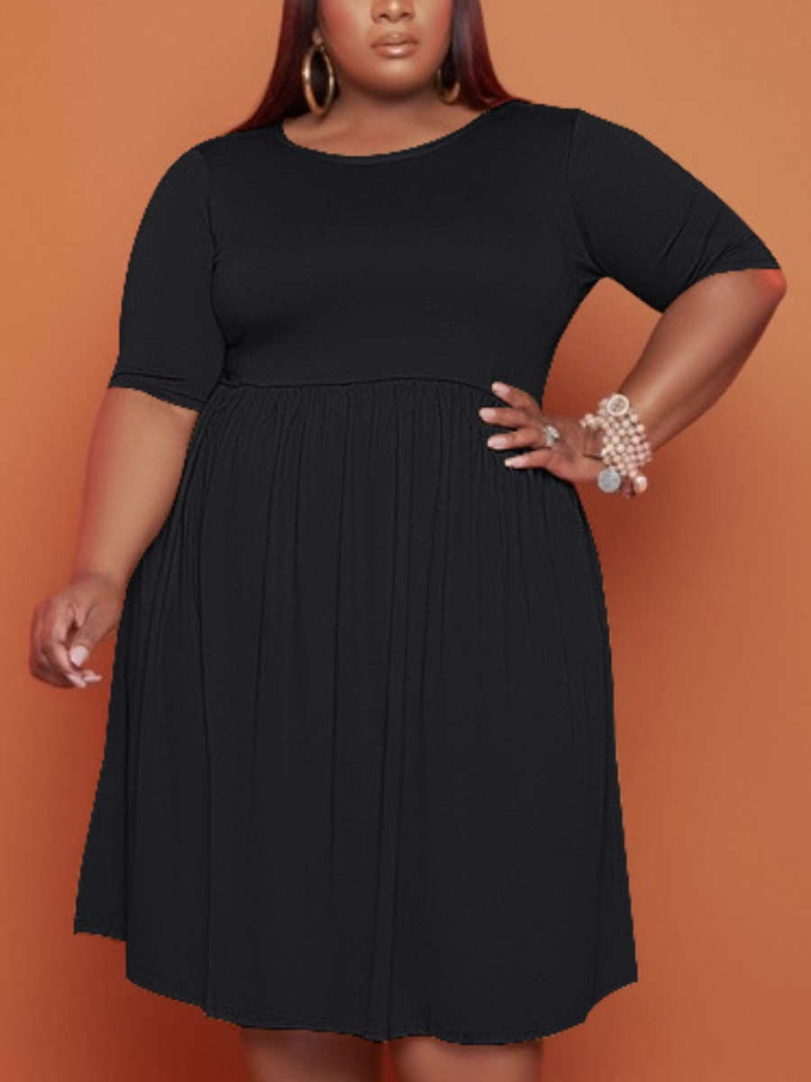 

Lovely Plus Size Casual O Neck Ruffle Design Black Knee Length A Line Dress