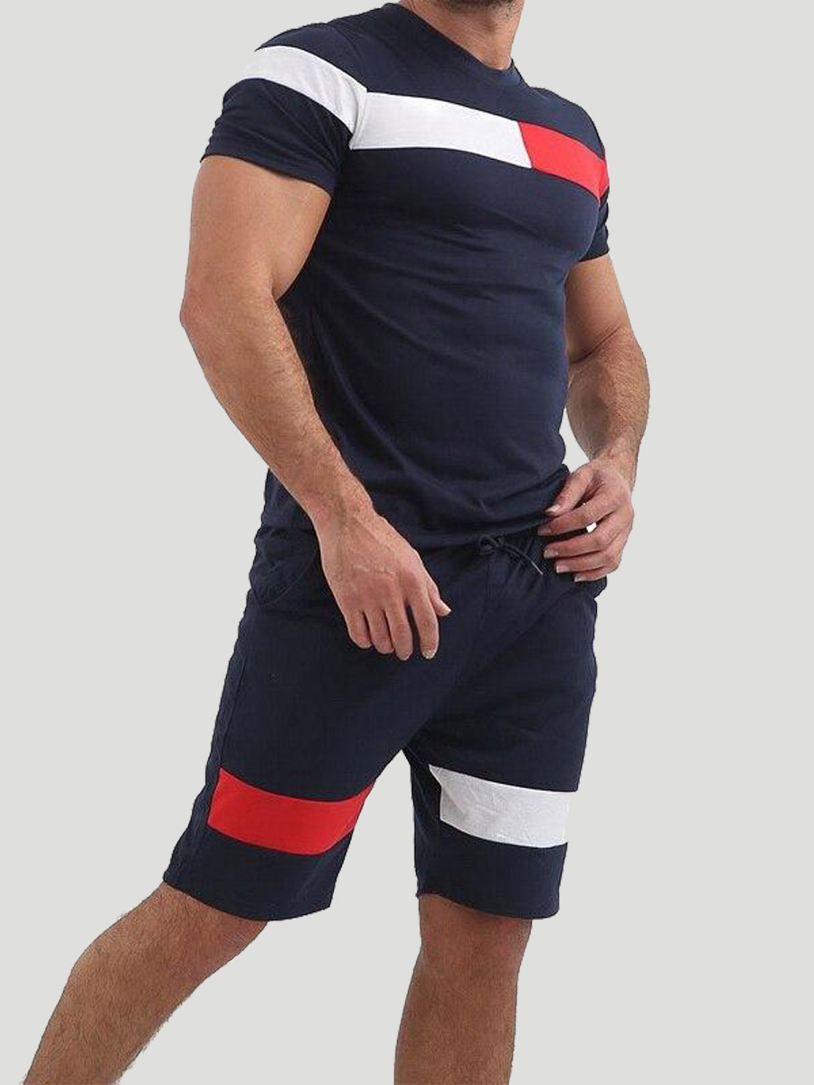 

LW Men Sporty Color-lump Drawstring Deep Grey Active Two Piece Shorts Set, Deep blue