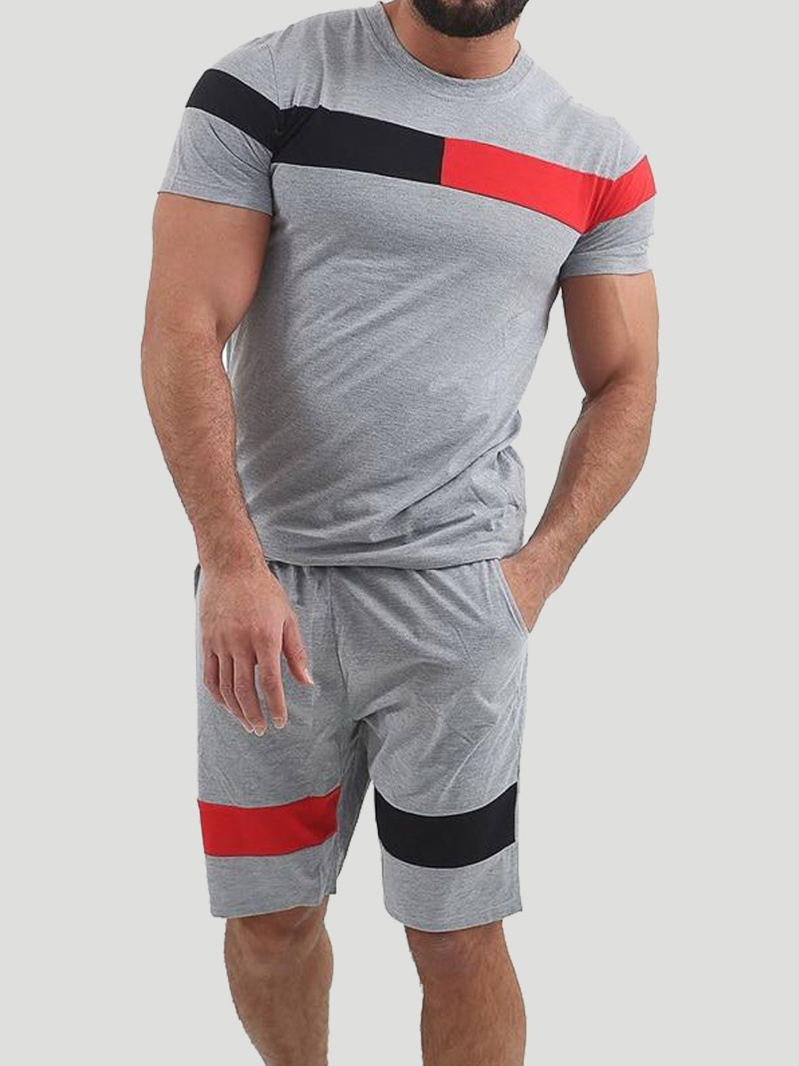 

Lovely Men Sporty Color-lump Drawstring Grey Active Two Piece Shorts Set