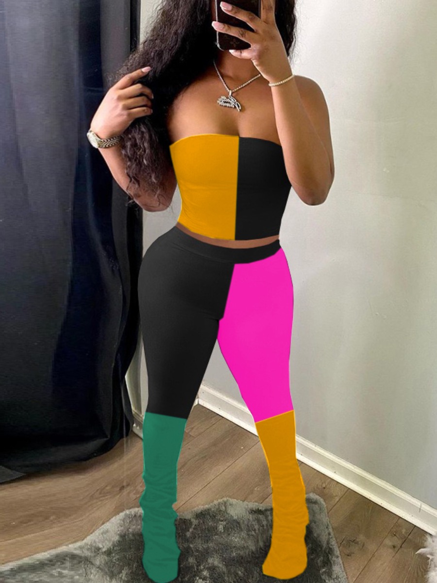 

LW Street Color-lump Fold Design Black Two Piece Pants Set