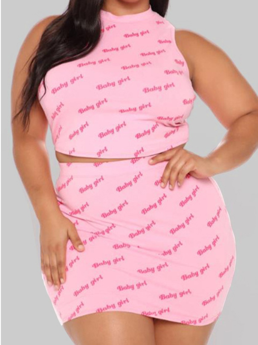 

LW Plus Size Casual Letter Print Pink Two-piece Skirt Set