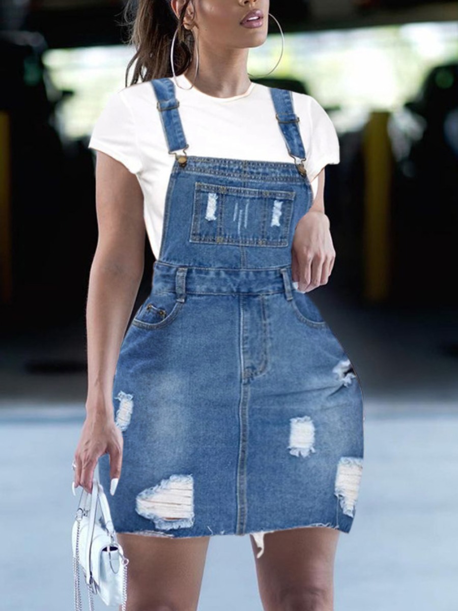 

Lovely Street Ripped Overall Blue Knee Length Denim Dress