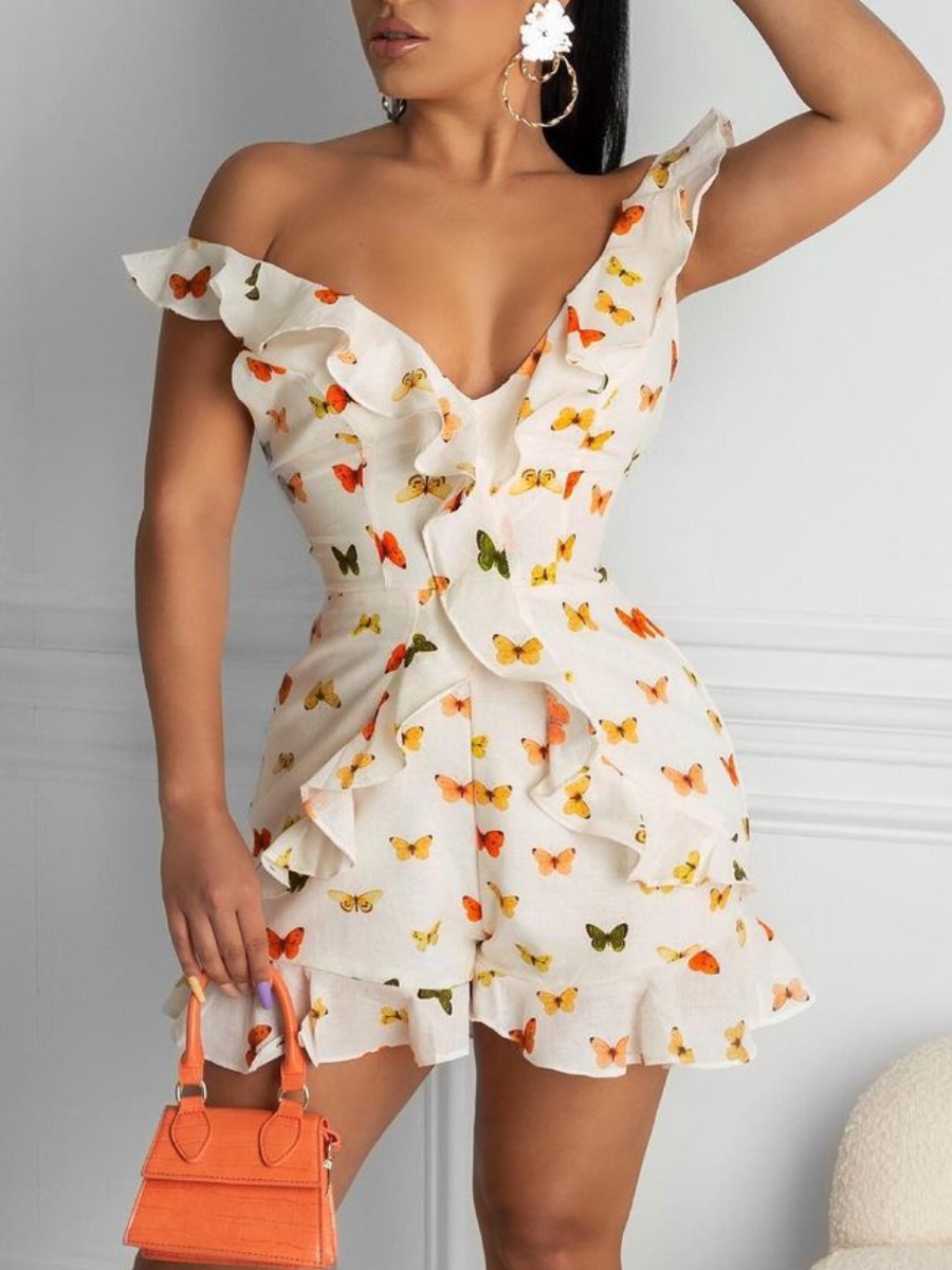 

Lovely Sweet Butterfly Print Flounce Design White One-piece Romper