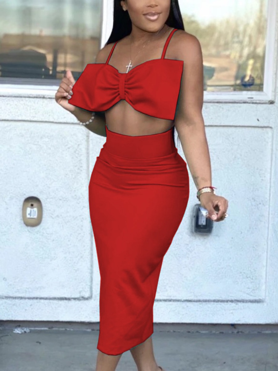 

Lovely Elegant Bow-tie Decoration Slit Red Two Piece Skirt Set