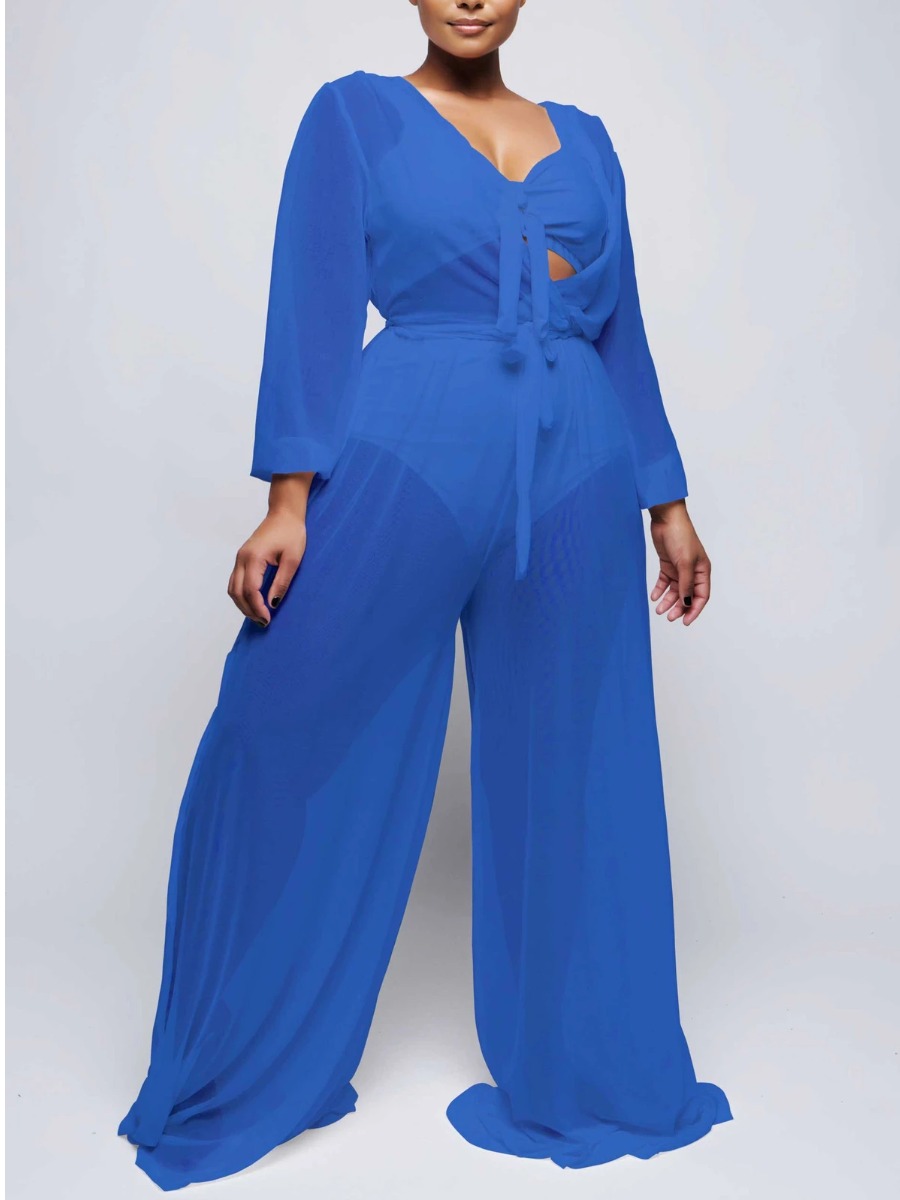 

Lovely Plus Size Boho See-through Loose Blue One-piece Jumpsuit
