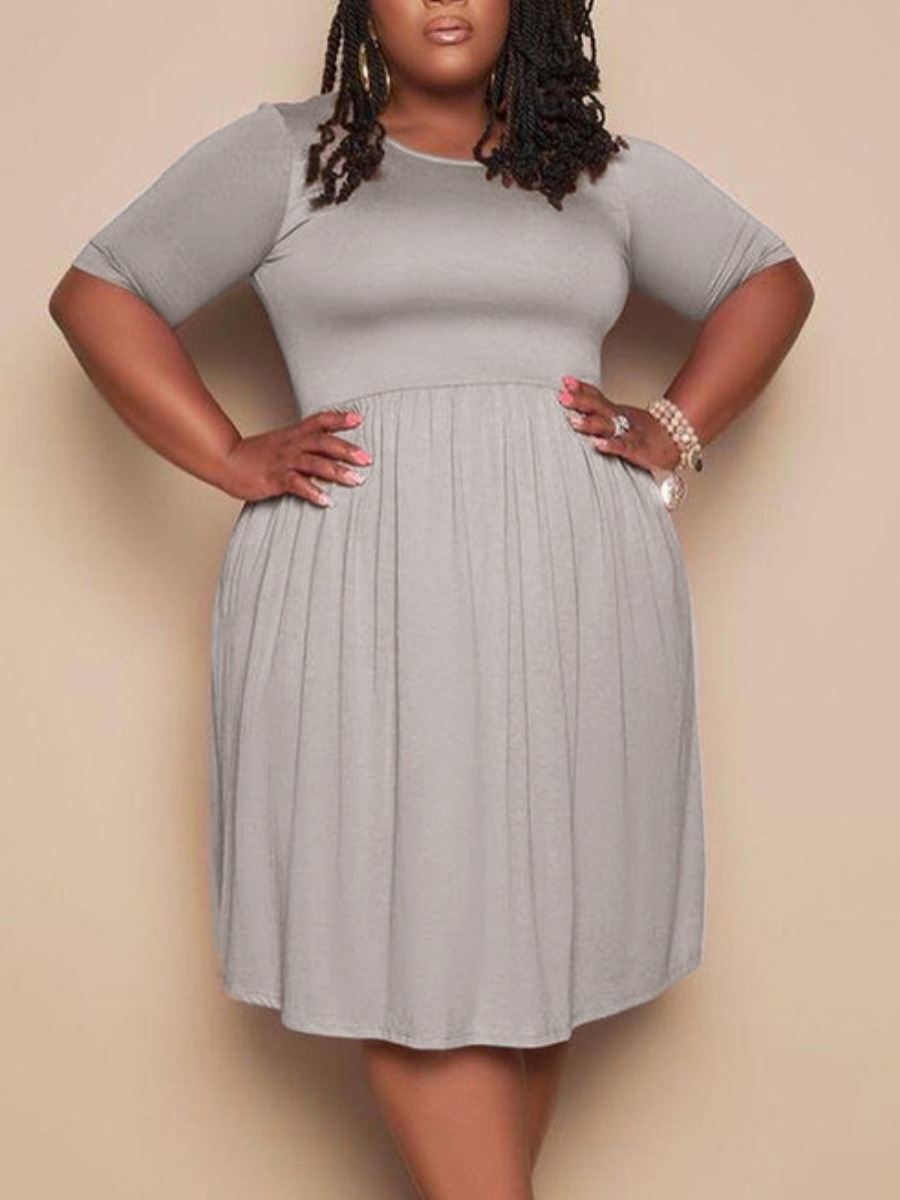 

Lovely Plus Size Casual O Neck Fold Design Grey Knee Length A Line Dress