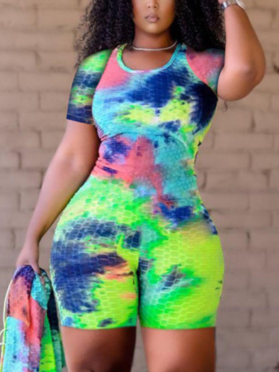 

Lovely Plus Size Casual O Neck Tie-dye Multicolor One-piece Romper, Multi