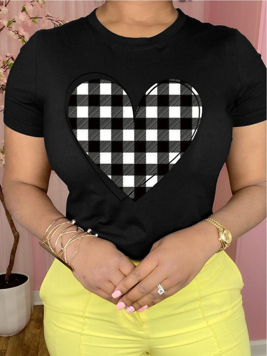 

Lovely Plus Size Street Heart-shaped Plaid Print Black T-shirt