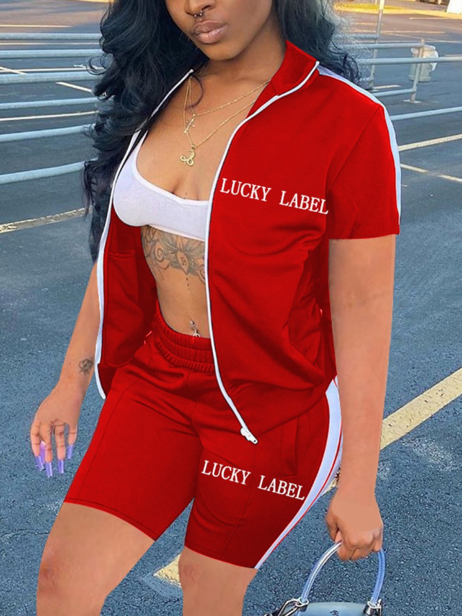 

Lovely Sporty Striped Letter Print Red Active Two Piece Shorts Set