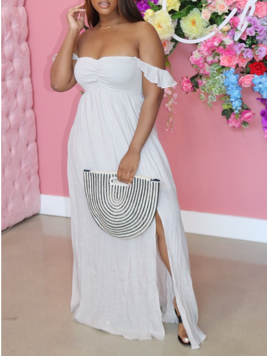 

Lovely Boho Off The Shoulder Split White Floor Length Dress