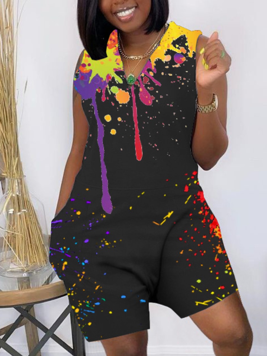 

Lovely Street V Neck Splash-ink Design Black One-piece Romper