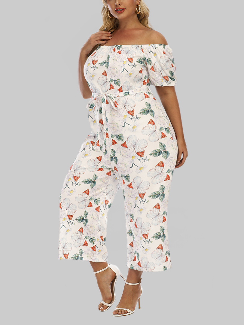 

Lovely Plus Size Boho Off The Shoulder Floral Print White One-piece Jumpsuit