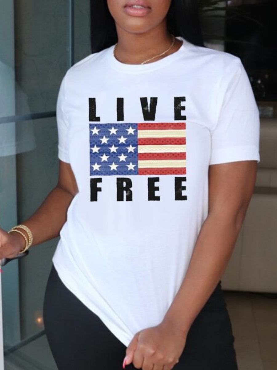 

LW Casual American Flag Letter Print White T-shirt