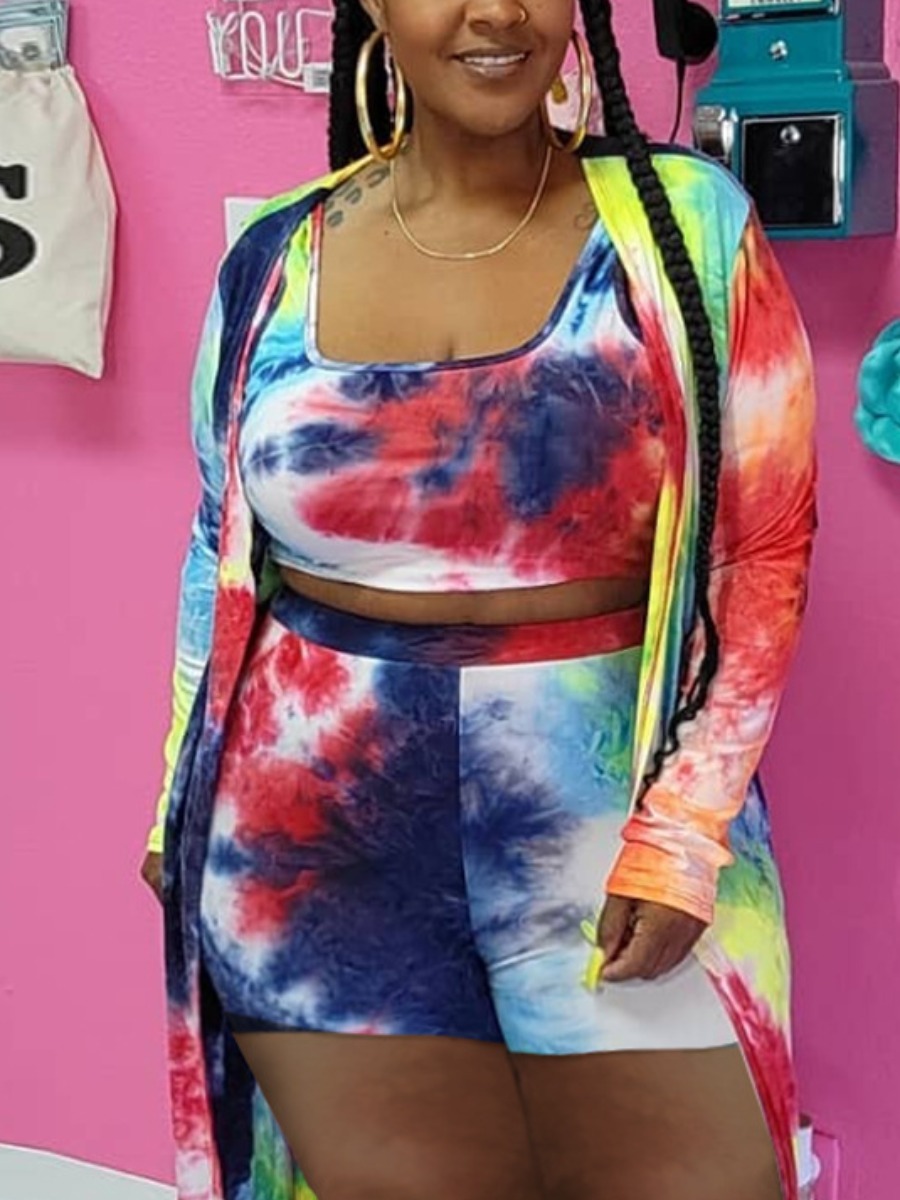 

Lovely Plus Size Casual U Neck Tie-dye Multicolor Three-piece Shorts Set, Multi