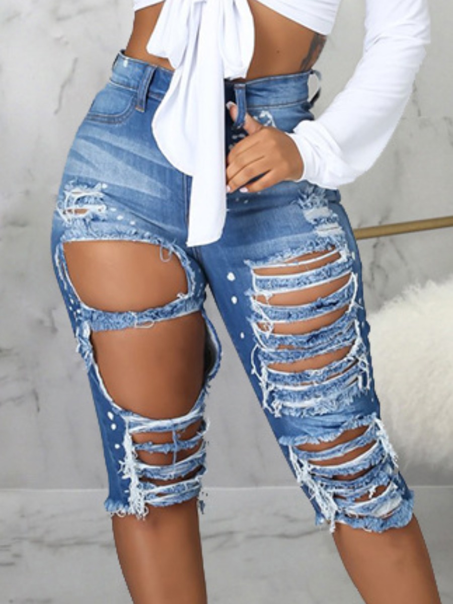 

Lovely Plus Size Street High-waisted Ripped Blue Denim Shorts