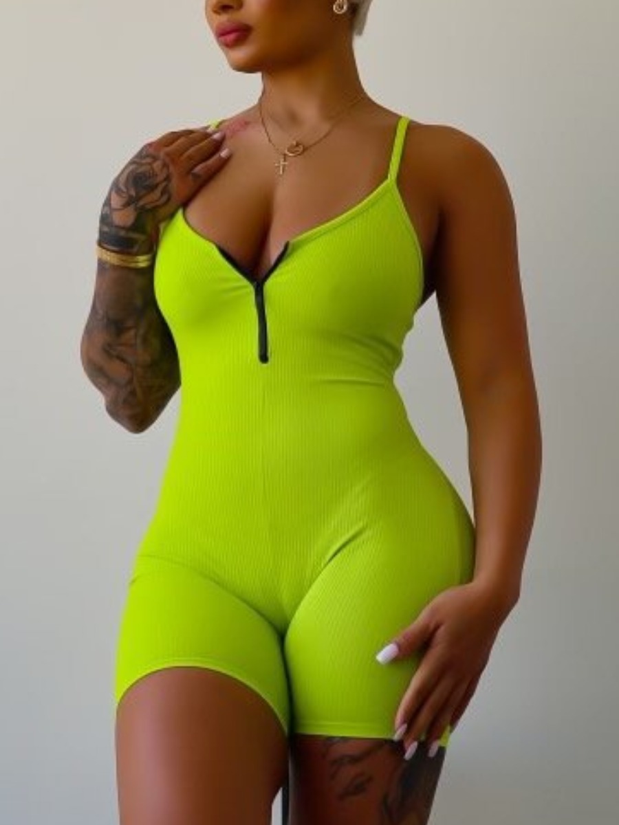 

Lovely Sporty Spaghetti Strap Basic Skinny Green One-piece Romper