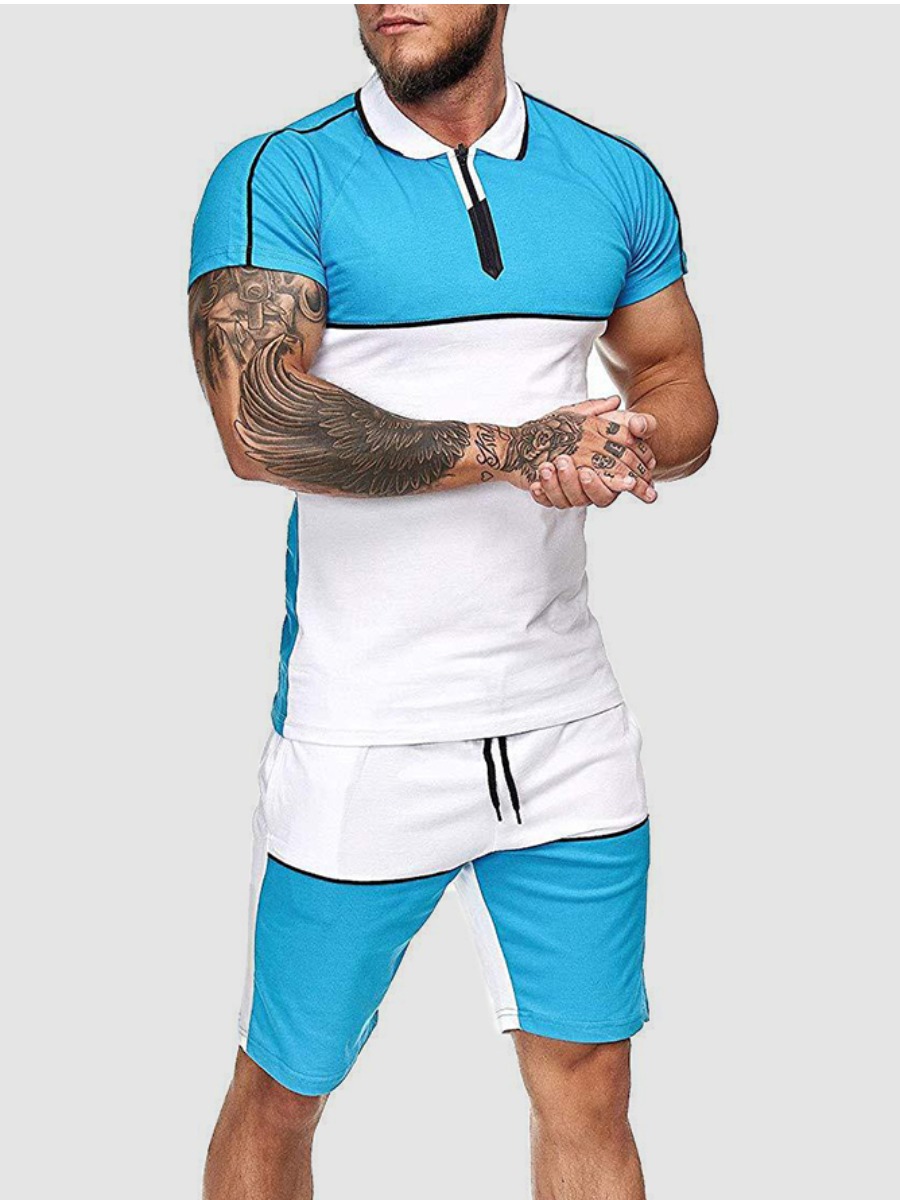 

Lovely Men Street Color-lump Drawstring Baby Blue Two Piece Shorts Set