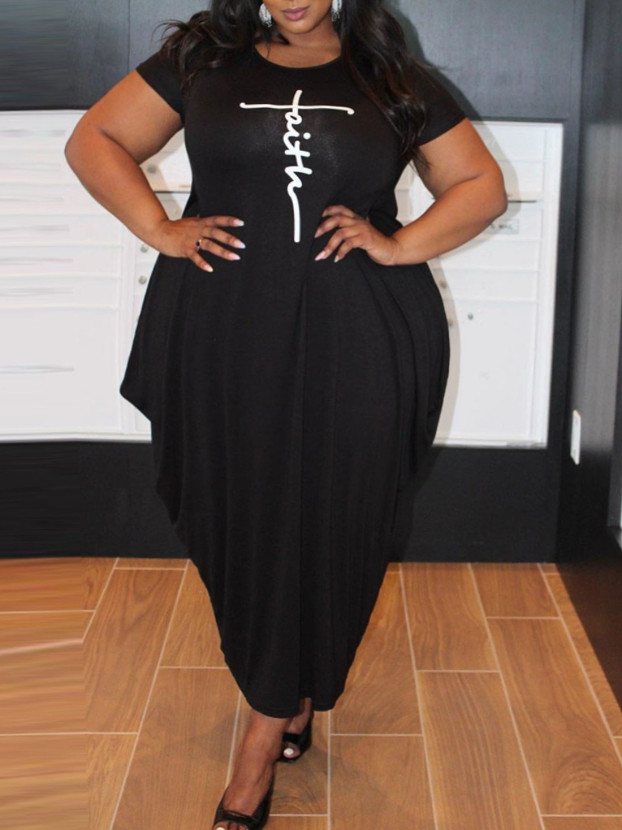 

Lovely Plus Size Casual Letter Print Fold Design Black Ankle Length Dress