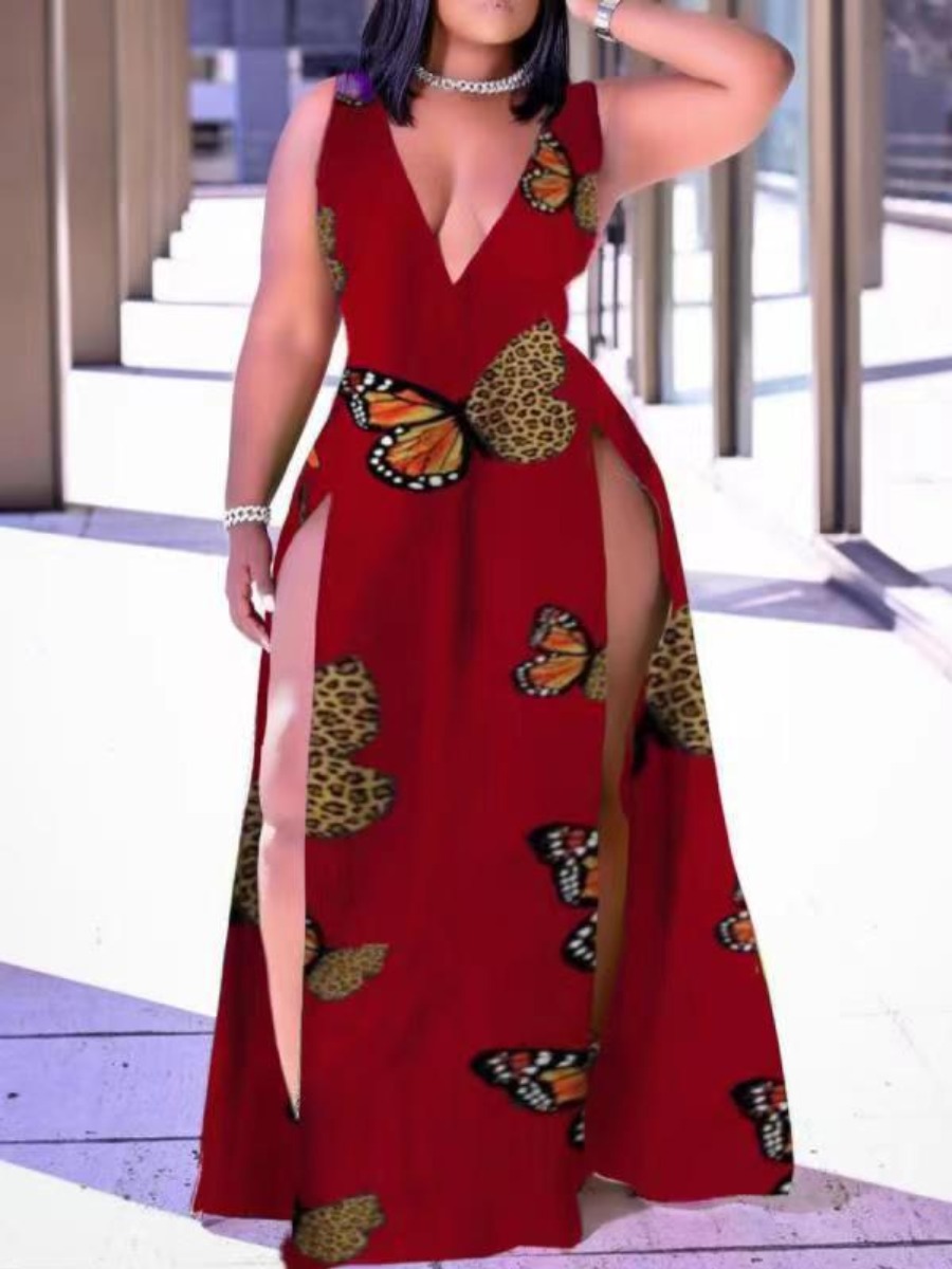 

Lovely Plus Size Boho Butterfly Print Split Wine Red Floor Length Dress