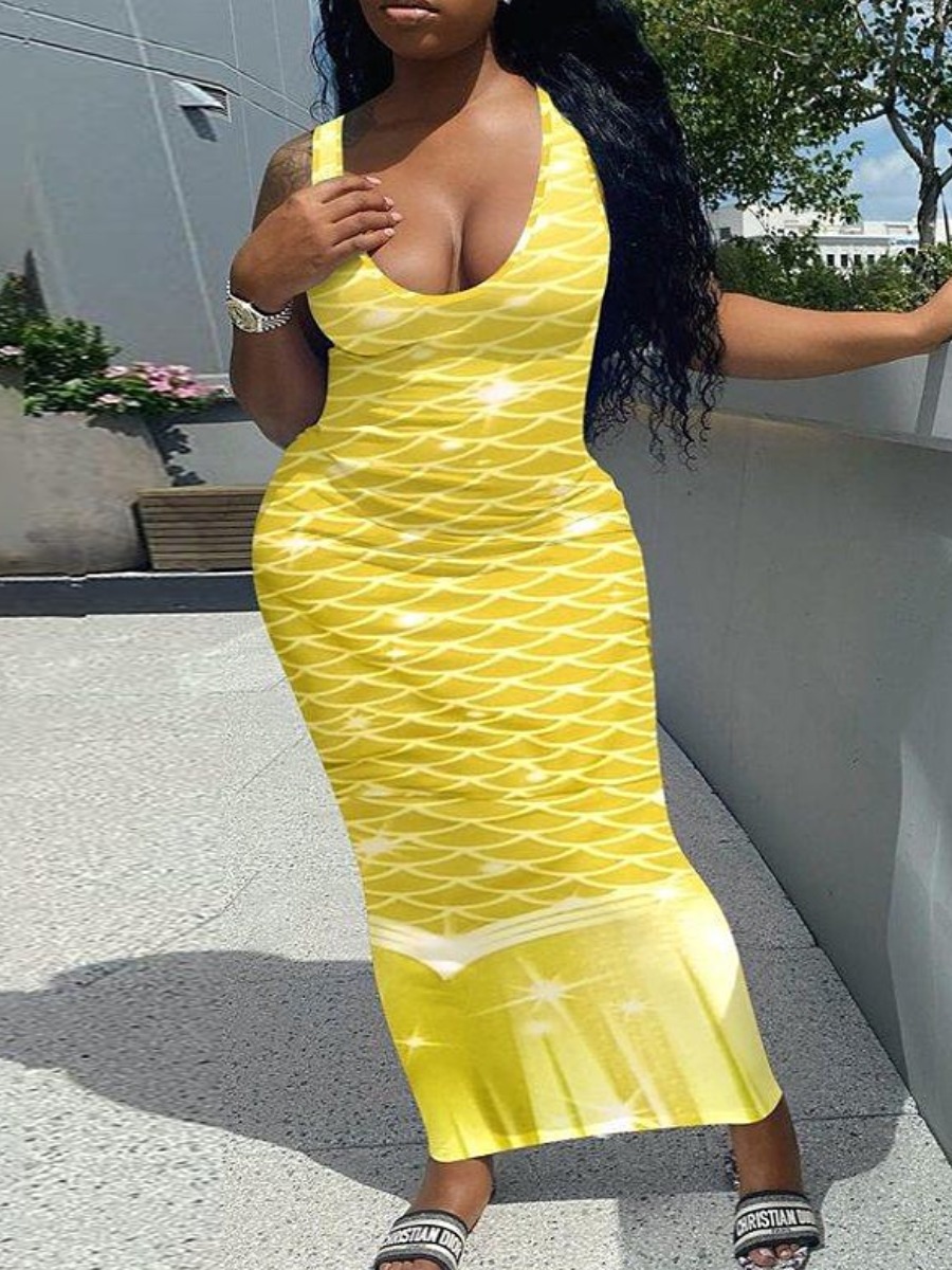 

Lovely Plus Size Casual U Neck Geometric Print Yellow Ankle Length Dress