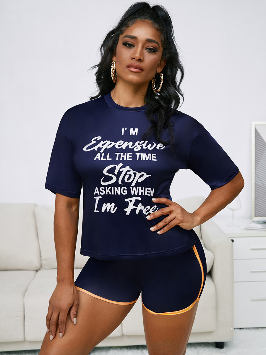

LW Casual Letter Print Drawstring Royalblue Two Piece Shorts Set, Black