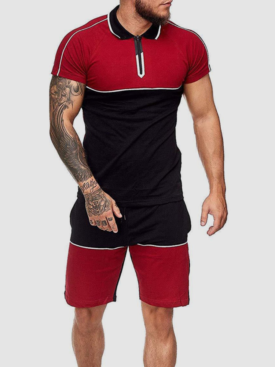 

Lovely Men Street Color-lump Drawstring Deep Purplish Red Two Piece Shorts Set