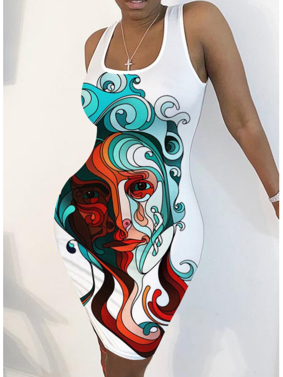 

Lovely Street U Neck Figure Print White Knee Length Dress