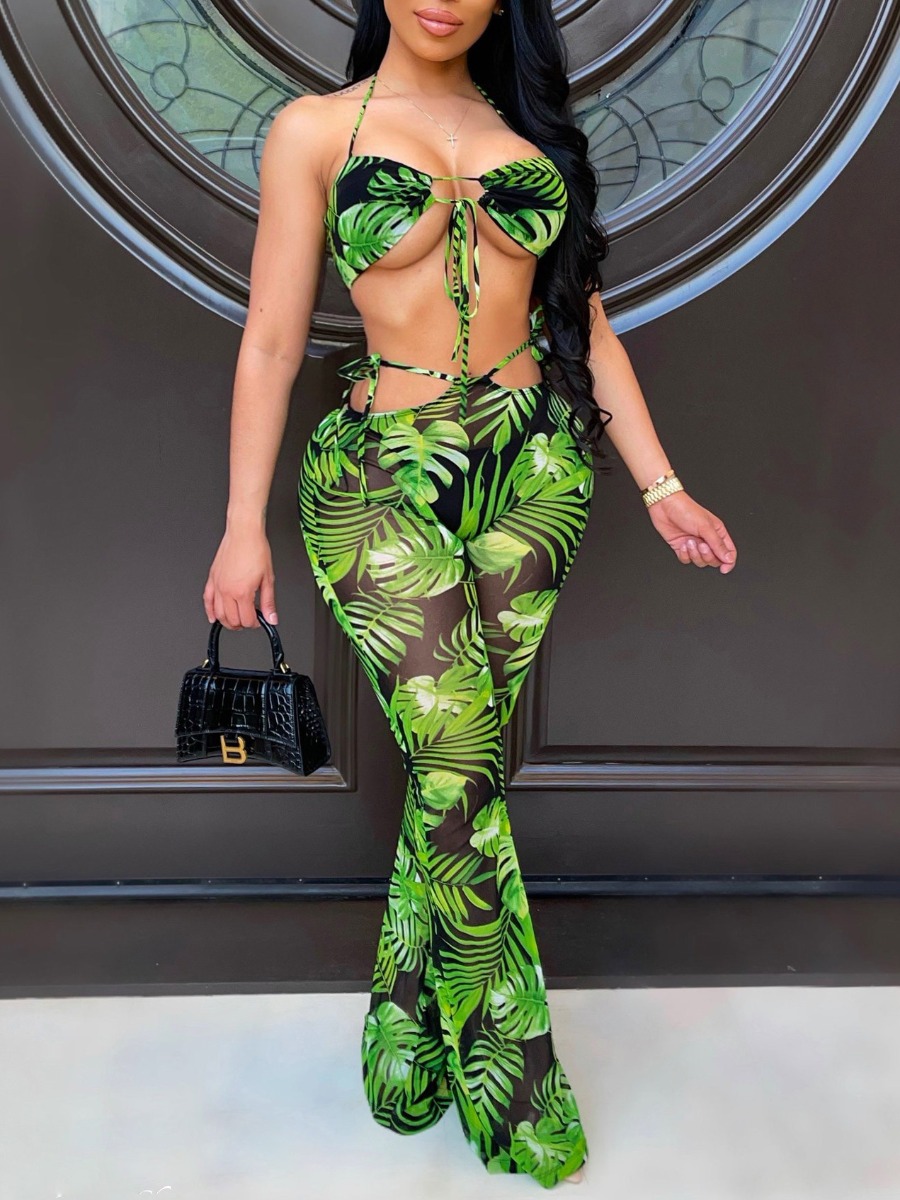 

Lovely Boho Floral Print Bandage Design Green Two Piece Pants Set