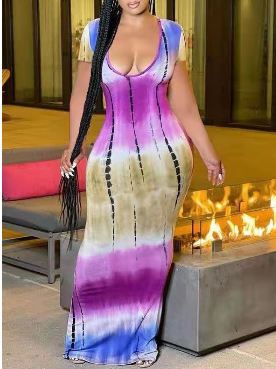 

LW BASICS Boho U Neck Tie-dye Purple Floor Length Dress