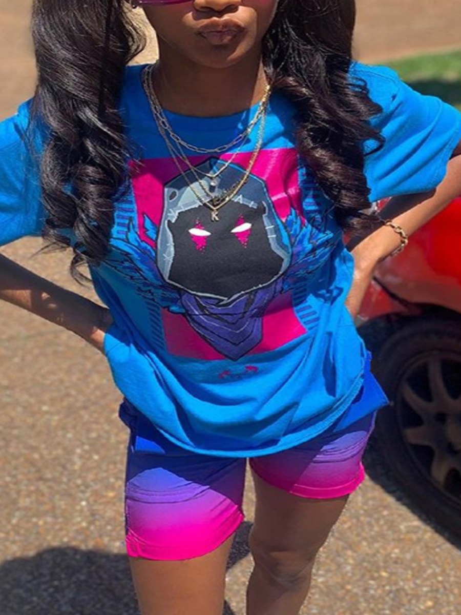 

Lovely Street O Neck Gradient Blue Two Piece Shorts Set