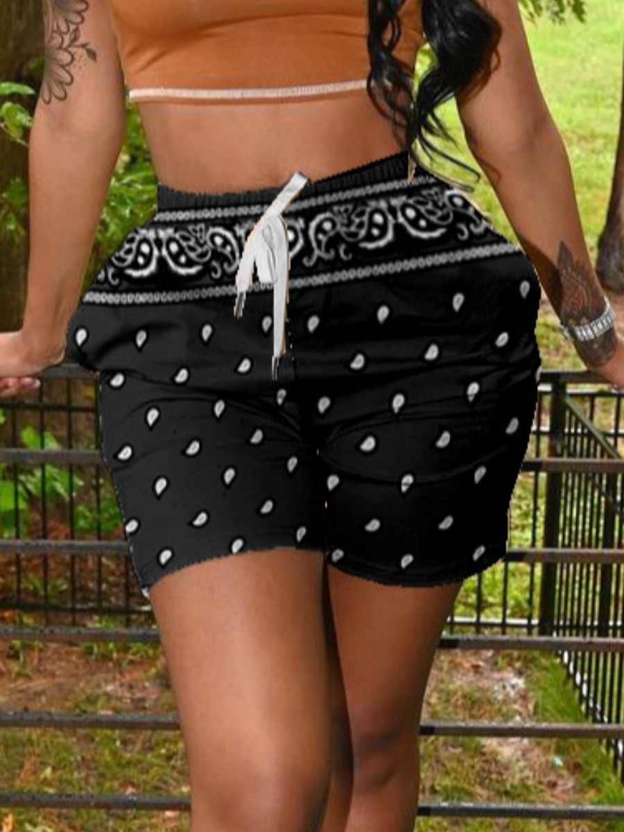 

Lovely Casual Cashew Print Drawstring Black Shorts