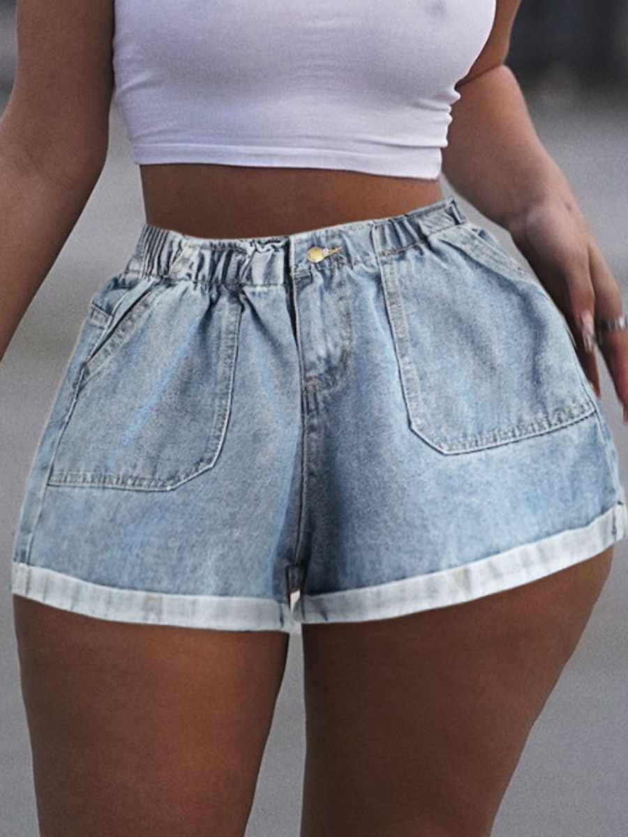 

Lovely Casual Mid Waist Nonelastic Baby Blue Denim Shorts