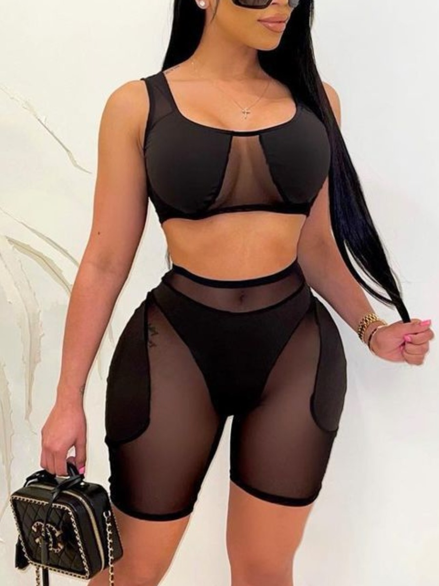 

Lovely Boho U Neck See-through Black Tankini