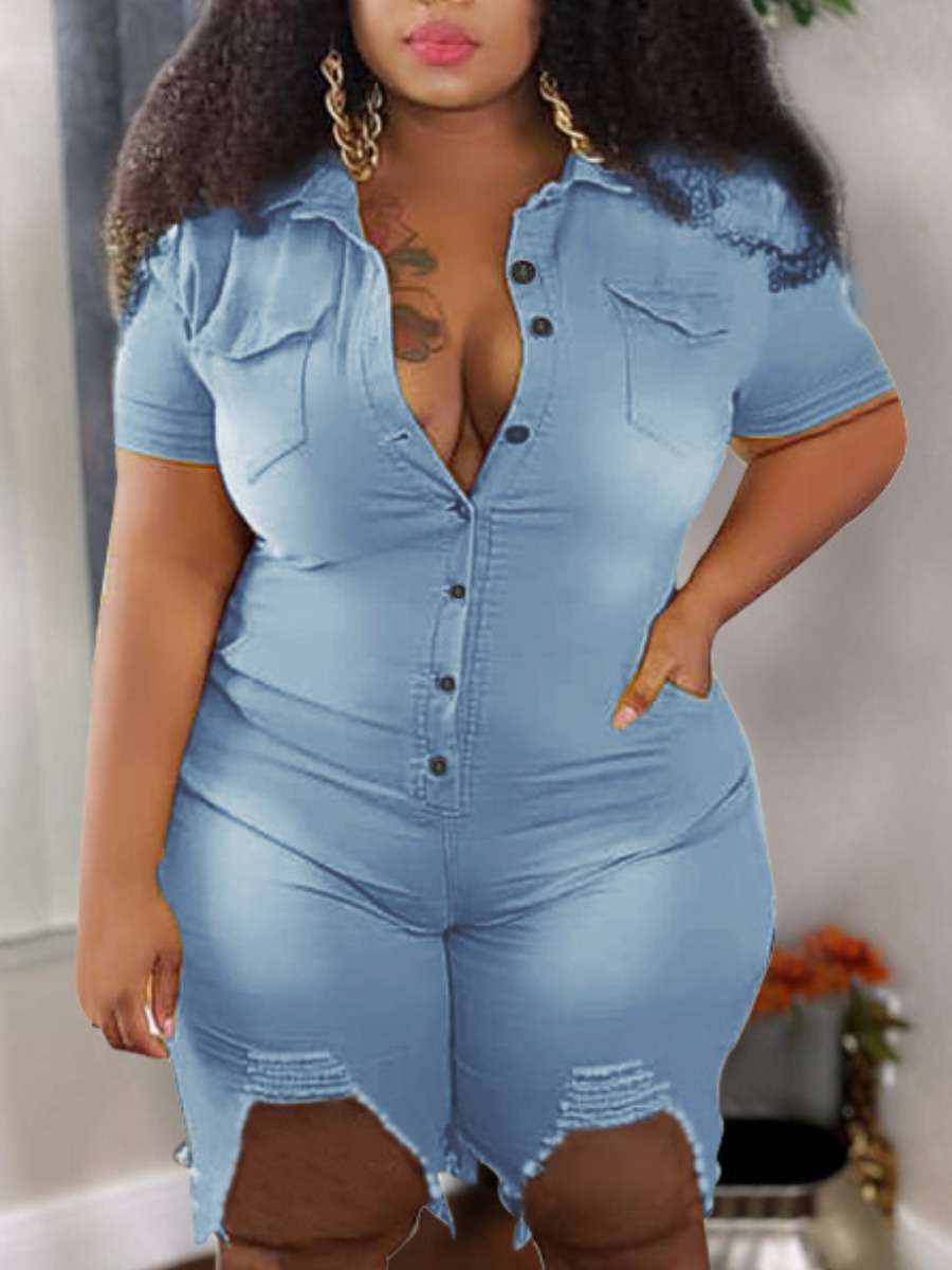 

LW Plus Size High Stretchy Ripped Button Design Denim Romper, Blue