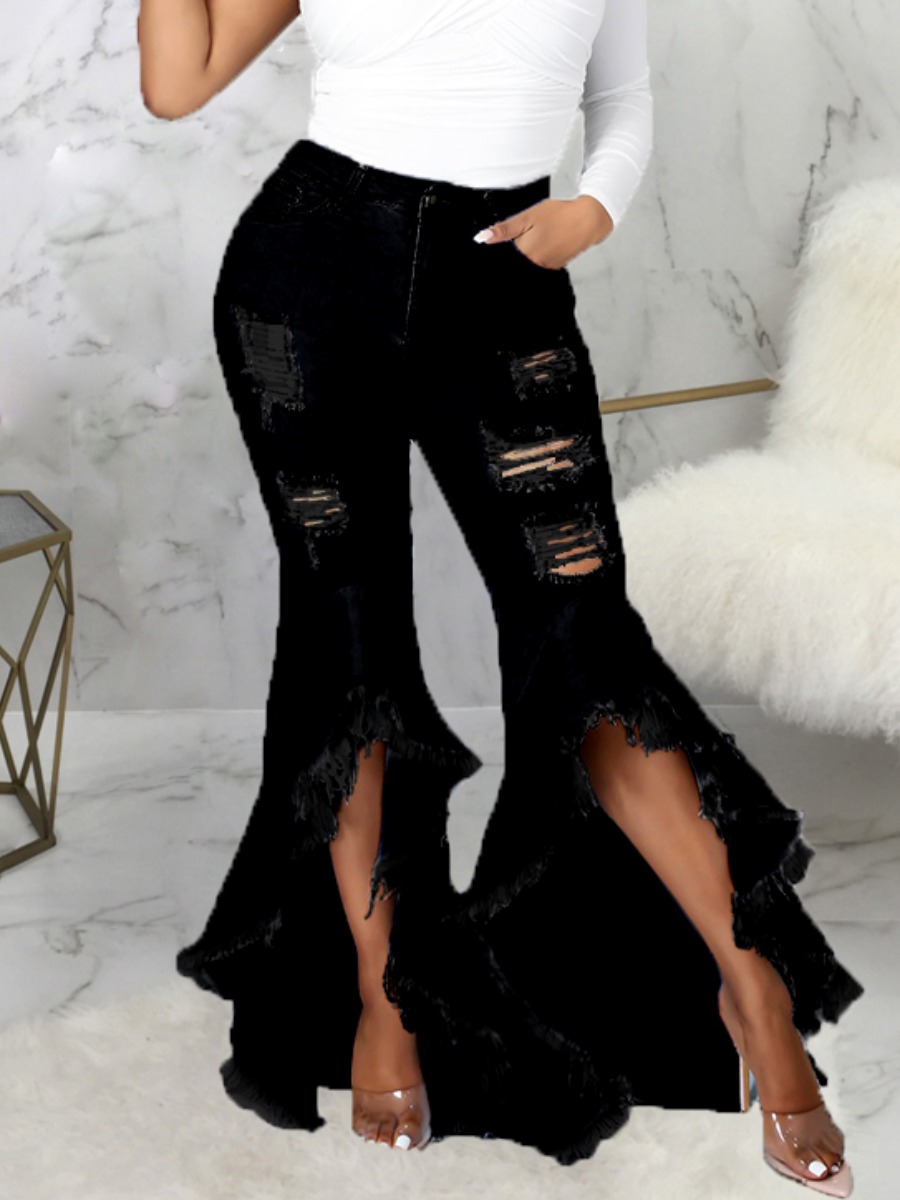 

Lovely Sweet Ripped Flared Flounce Design Black Jeans