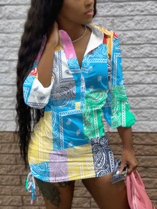 Lovely Plus Size Casual Cashew Print Drawstring Blue Mini Dress