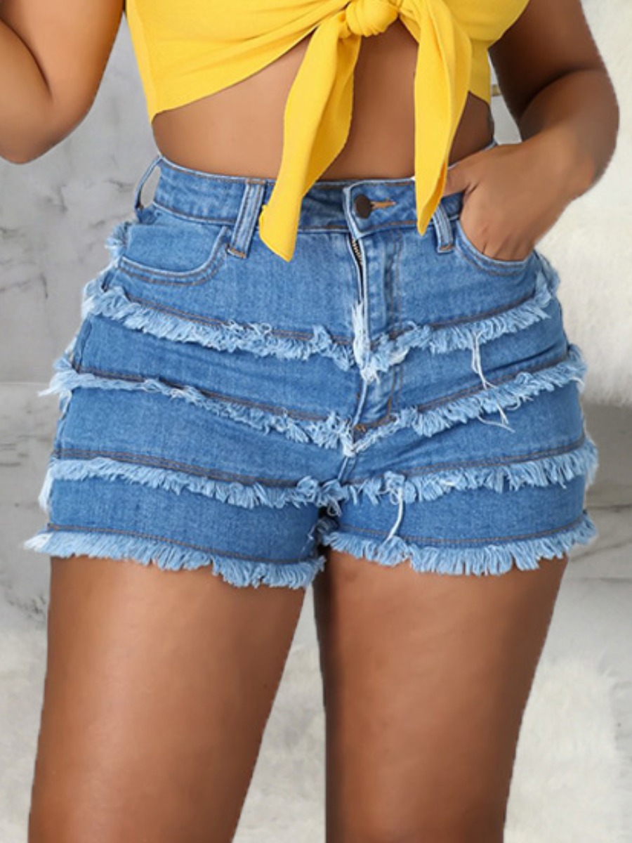 

Lovely Casual Mid Waist Raw Edge Blue Denim Shorts