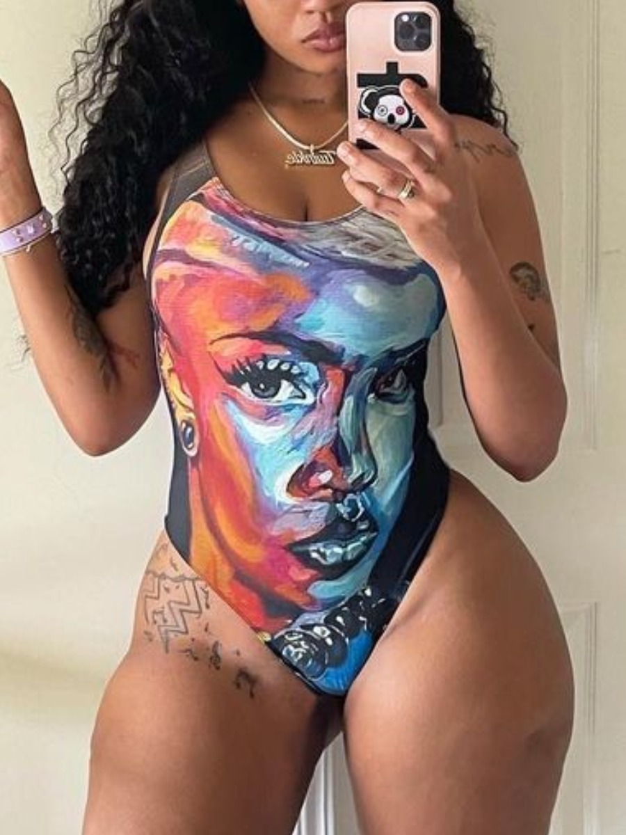 

Lovely Boho U Neck Graffiti Print Multicolor One-piece Swimsuit, Multi