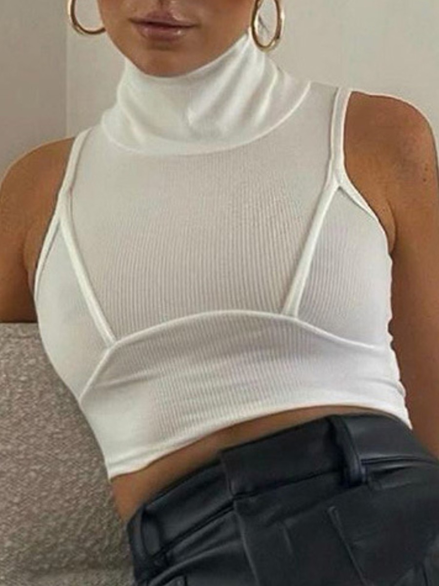 

Lovely Casual Turtleneck Rib-Knit White Camisole
